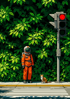Astronaut and Cat at Traffic Light