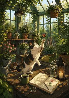 Cat playing with butterfly in greenhouse