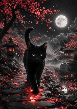 Black Cat in Japanese Garden at Night