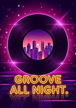 Retro Vinyl Record Cityscape Neon Lights