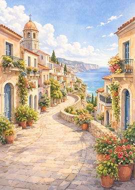 Coastal Italian Village Scene - Mediterranean Seaside Village