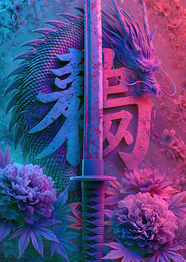 Dragon and Katana with Japanese Characters