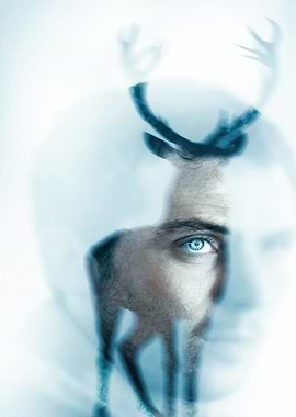 Double Exposure of Man and Deer