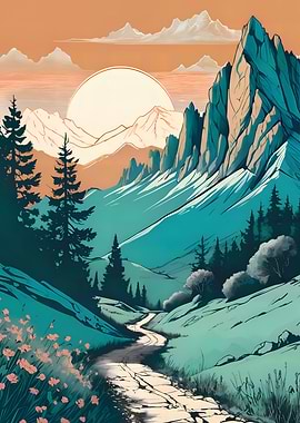 Art Mountain Landscape at Sunset