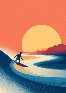 Surfer riding a wave at sunset