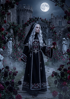 Gothic Nun with Rose in Castle Garden