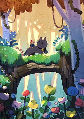 Cat and Child in Enchanted Forest