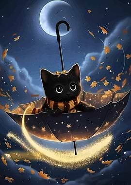 Cute Black Cat Flying on Umbrella
