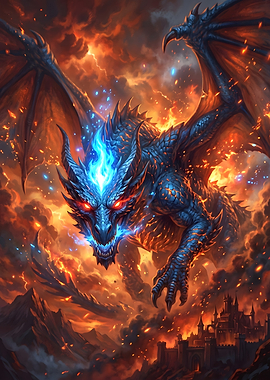 Blue Dragon in Fiery Sky