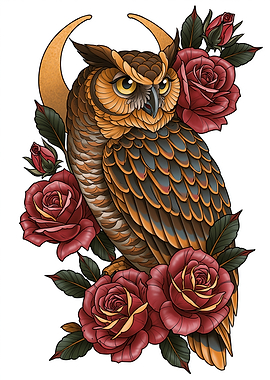 Owl and Roses Tattoo Design