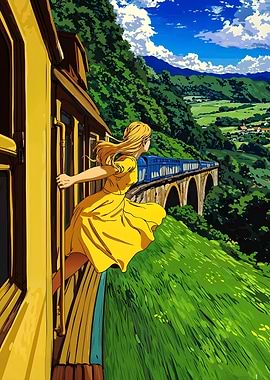 Girl on a train overlooking landscape