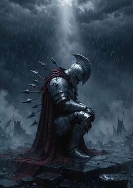 Kneeling Fallen Knight — Armored Warrior in a Storm