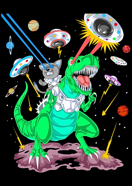 Dinosaur and Cat Battle Aliens in Space