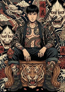 Tattooed Man with Japanese Motifs