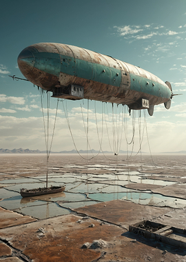 Rusted Airship Floating Above Cracked Salt Flats