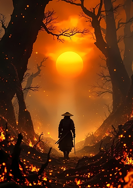 Samurai in a fiery forest