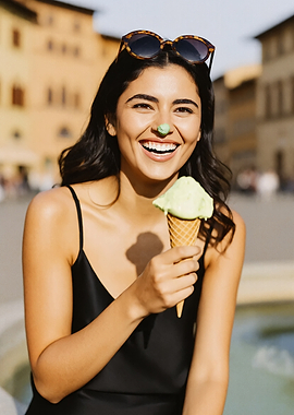 Woman with ice cream and green nose