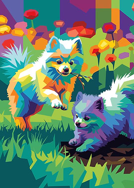 Two Pomeranians in a Colorful Garden