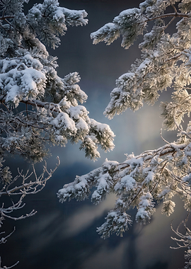 Snow-covered pine branches against a dark sky