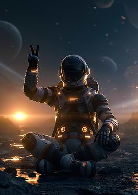 Astronaut Making Peace Sign on Alien Planet