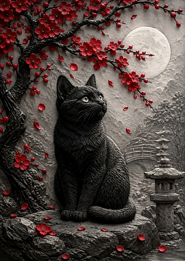Black Cat Under Cherry Blossoms