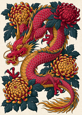 Red Dragon with Chrysanthemums