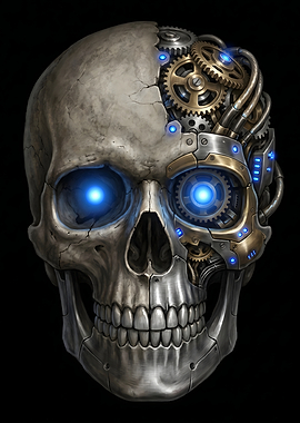 Cybernetic Skull with Blue Glowing Eyes