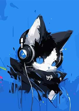Cat with Headphones Listening to Music