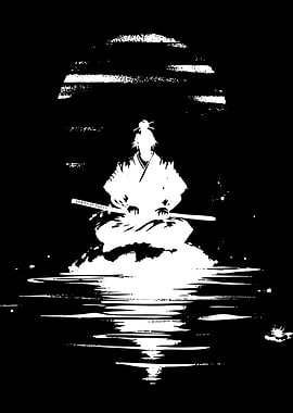 Samurai meditating by moonlight