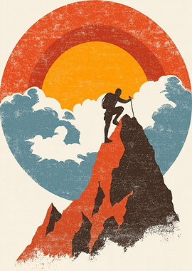 Climber on Mountain Peak at Sunset