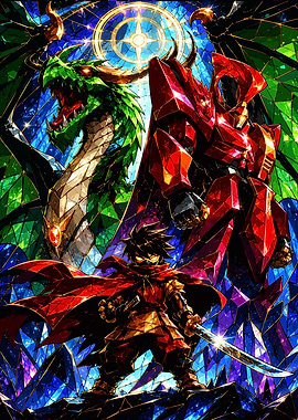 Fantasy Stained Glass Warrior, Dragon, and Mech
