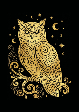 Golden Owl with Celestial Background