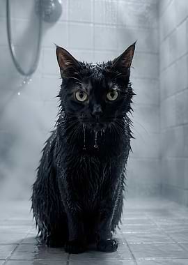 Wet Black Cat in Shower