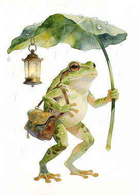 Frog with Leaf Umbrella and Lantern