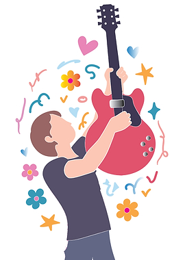 Person playing guitar with colorful decorations