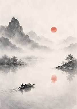 Misty Mountains and a Boat at Sunrise