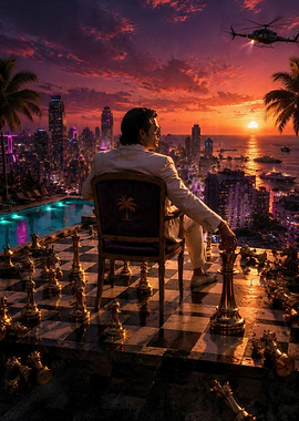 Man overlooking city chess game