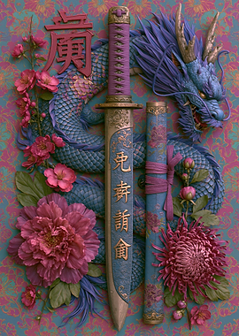 Dragon and Katana with Floral Background