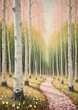 Birch Path Through a Sunlit Spring Forest — Pastel Woodland Painting