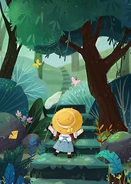 Girl Catching Butterflies in Forest