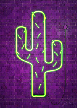 Green Neon Cactus on Brick Wall