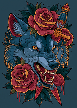 Wolf with Roses and Dagger Tattoo Art
