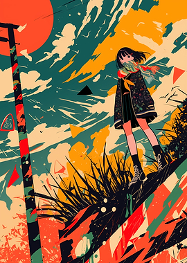 Anime Girl in Stylized Landscape