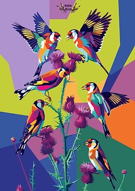 Colorful Goldfinches on Thistle