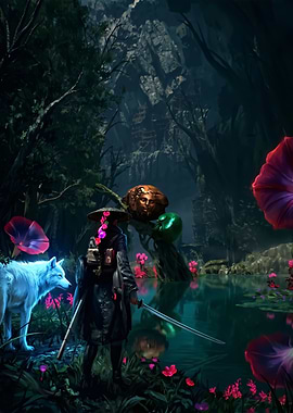 Samurai and Wolf in Mystical Forest
