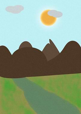 Cartoon Landscape with Mountains and River