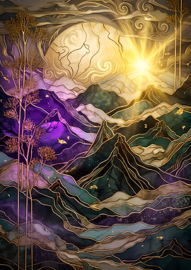 Abstract Mountain Landscape with Sun