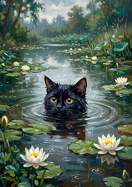 Wet Black Cat in Rain Lily Pond