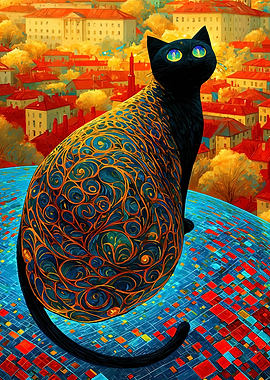 Ornate Black Cat Overlooking Cityscape