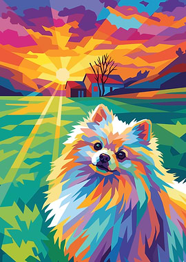 Pomeranian Dog in a Colorful Landscape